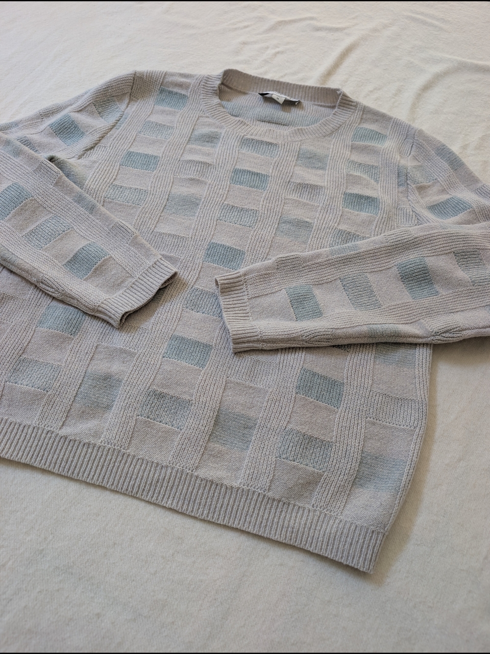 Amour Vert Wool Light Gray Crewneck Sweater with Pale Blue Blocks